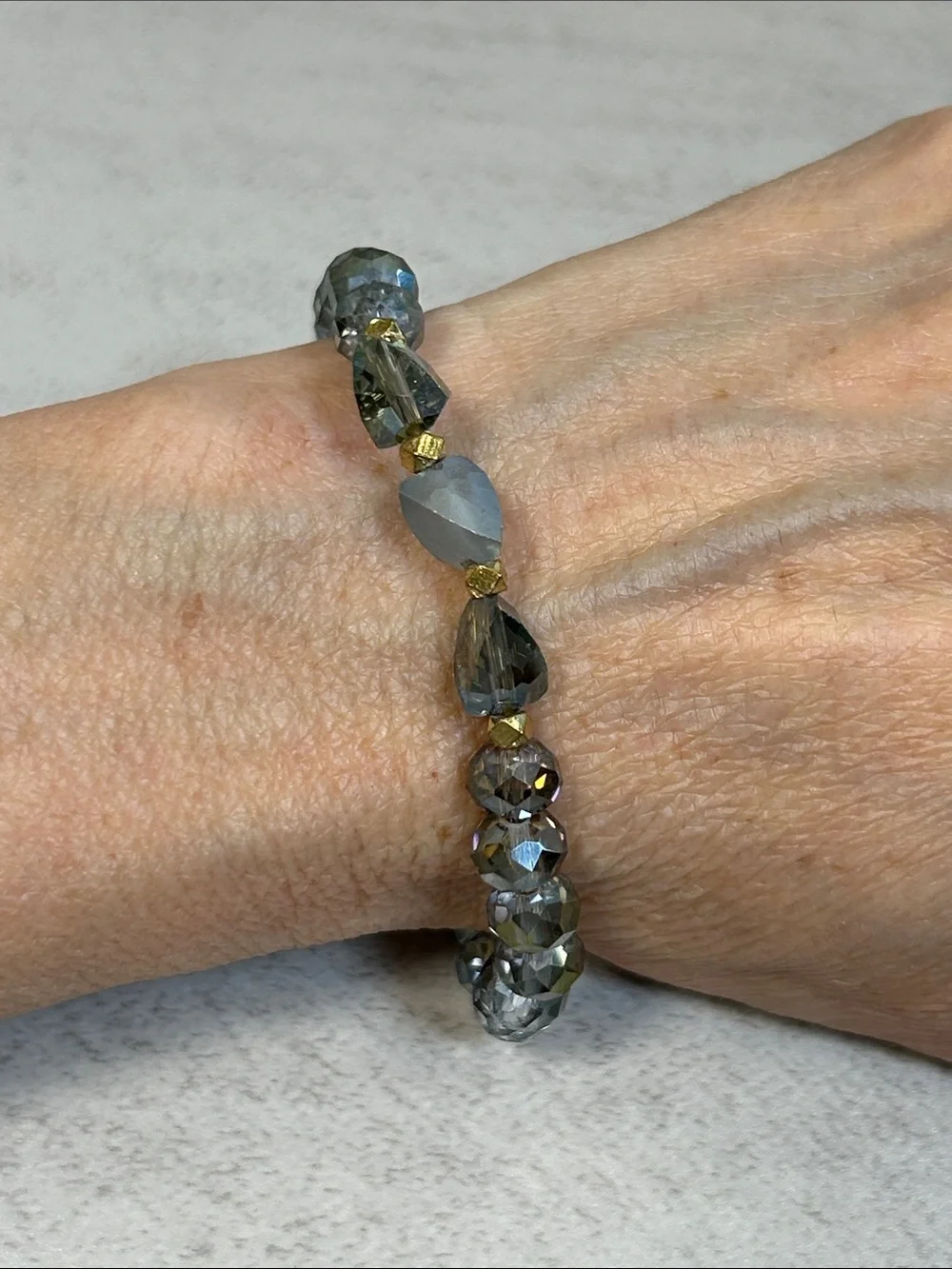 Greenish Gray Iridescent Crystal Beaded Stretch Bracelet